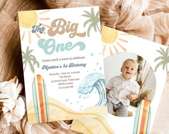 May include: A blue and white beach-themed invitation with a photo of a child in a white shirt and blue pants. The invitation says "The Big One" and "Come catch a wave to celebrate Maddox's 1st Birthday".