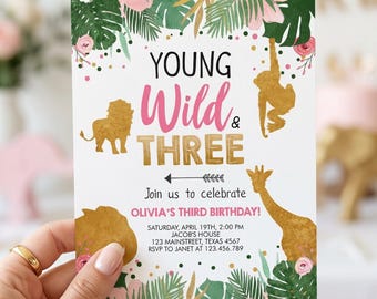 Editable Young Wild and Three Birthday Invitation Safari Animals Girl 3rd Third Birthday Party Digital Download Template Printable 0016