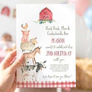 Printable farm animals birthday invitation for boys featuring illustrated barn, cow, pig, chicken, and tractor in warm rustic colors with editable text fields for party details.