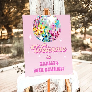 Editable Disco Birthday Party Welcome Sign Disco Party Birthday Adult Let&#39;s Disco 70s Retro Pink Dance Decor Corjl Template Printable 0501