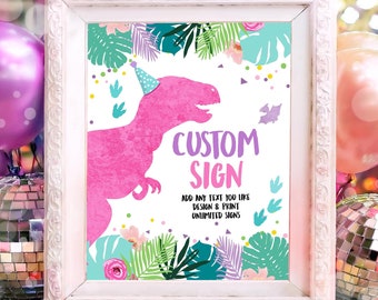 Editable Custom Dinosaur Birthday Sign Decor Dino Party Table Sign Girl Pink T-Rex 8x10 Party Three Rex Digital Template Printable 0423