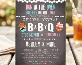 May include: A rectangular gender reveal invitation card with a dark chalkboard background. It features white string lights at the top and text reading Bun in the Oven, Burgers on the Grill, Baby-Q, Stud Muffin or Cupcake, and Ashley & Mike.