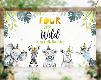Editable Four Ever Wild Party Animals 4th Fourth Birthday Backdrop Banner Safari Animals Boy Blue Digital Template Printable 0322