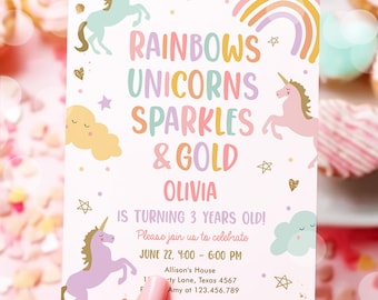 Editable Unicorn Birthday Invitation 3rd Third Birthday Rainbows Unicorns Sparkles and Gold Magical Digital Girl Template Printable 0426
