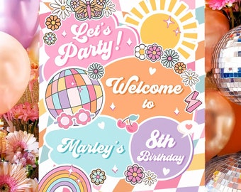 Editable Groovy Birthday Welcome Sign Rainbow Sunshine Girl Pink Peace Love Party Retro Hippie Digital Download Template Printable 0524