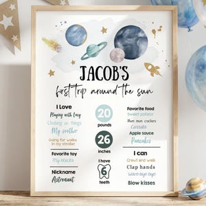 Op de afbeelding: Een ingelijste mijlpaalposter voor een kind genaamd Jacob, met aquarelillustraties van planeten, sterren en een raket. De tekst bevat "Jacob's first trip around the sun", "20 pounds", "26 inches" en "6 teeth" naast lijsten met favorieten en vaardigheden.