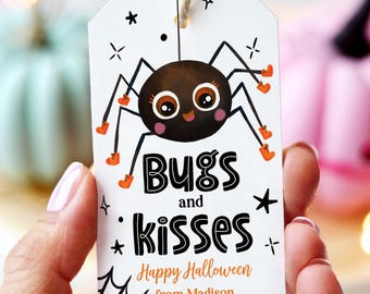 Editable Halloween Favor Tag Bugs and Kisses Gift Tag Costume Party Trick Or Treat Favor Tag Spider Digital Download Template Printable 0261