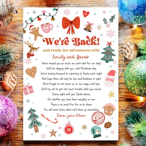 Carta de chegada de elfo editável Carta de retorno Elfo de Natal Estamos de volta Elfo Bem-vindo Olá dos elfos Menino Menina Modelo digital para impressão 0529