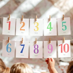 Zahlen Karteikarten Zählen von 1 bis 10 Lern-Karteikarten Regenbogen Farben Montessori Klassenzimmer Count and Clip Decor Digital Printable 0550