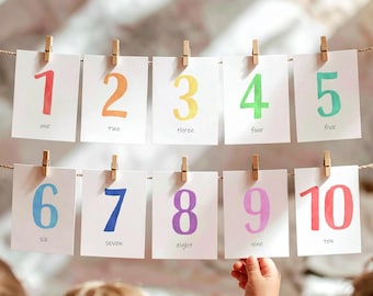 1 to 10 Numbers Flash Cards Counting Educational Flashcards Rainbow Colors Montessori Classroom Count and Clip Decor Digital Printable 0550