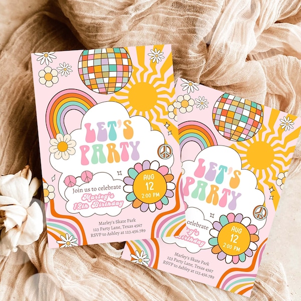 Editable Groovy Birthday Party Invitation Let's Party Birthday Boho Retro Flower Power 70's Girl Pink Download Template Corjl Digital 0459