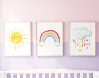 Rainbow Cloud Sunshine Nursery Wall Art, Watercolor Girls Room Decor, Set of 3 Prints, Printable