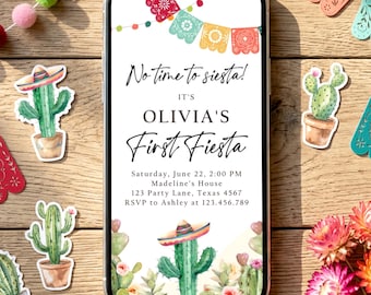 First Fiesta Birthday Invitation, Mexican Cactus Succulent Floral Evite (Editable, Printable) 0404