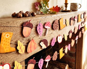 Fall Banner Autumn Banner Fall Garland Leaves Mushroom Nursery Classroom Decoration Party Decor Instant Download DIY Printable Digital 0516