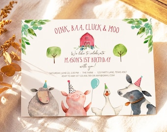 Invito di compleanno a tema animali della fattoria, invito per festa di compleanno per bambino a tema fattoria, download digitale modificabile 0155