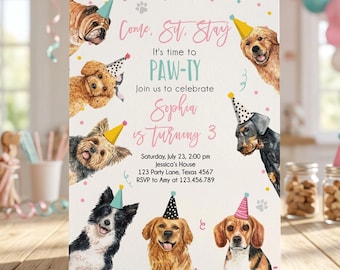 Dog Birthday Invitation, Pink Puppy Party Invite for Girls, Editable Printable Template 0384