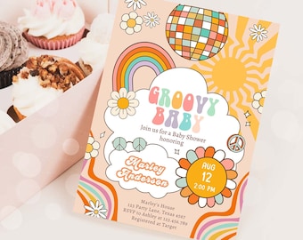 Convite para chá de bebê retrô Groovy Baby editável Boho Flower Power Hippie Festa dos anos 70 Paz Amor Baixar modelo Corjl Digital 0459