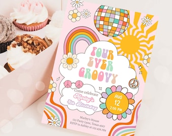 Bearbeitbar Vier überhaupt Groovy Geburtstagseinladung 4. Geburtstag Retro Regenbogen Frieden Liebe Party Vier Digitaler Download Vorlage Printable 0538