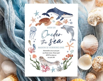 Invitation d'anniversaire Oneder la mer modifiable 1er anniversaire nautique premier sous la mer animaux marins téléchargement modèle Corjl imprimable 0504