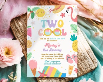 Dos invitaciones de cumpleaños editables: Fiesta tropical en la piscina, fiesta de verano para chicas, fiesta en la piscina rosa, descarga la plantilla Corjl 0465