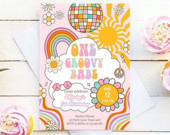 Editable Groovy One Retro 1st Birthday Invitation First Birthday One Groovy Babe Invite Peace Love Pink Download Template Corjl Digital 0538