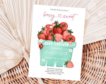 Editable Strawberry Baby Shower Invitation Cute Berry Sweet Baby Girl Strawberries Summer Download Printable Template Corjl Digital 0506