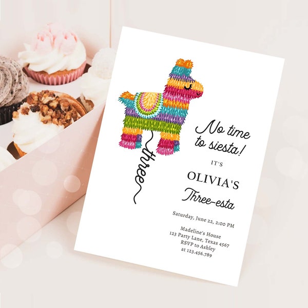 Editable Fiesta Invitation Three-esta Birthday Mexican Pinata Piñata Invite Girl Kids 3rd Siesta Printable Download Template Corjl 0500