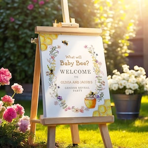 Editierbare Biene Willkommen Zeichen was wird Baby Bee Geschlecht offenbaren Willkommen Honig Baby Shower Mama to Bee Yard Zeichen Vorlage DRUCKBAR Corjl 0502