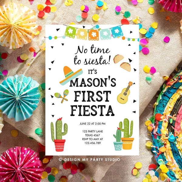 Editable First Fiesta Birthday Invitation Boy 1st Fiesta Taco Sombrero No Time to Siesta Download Printable Invitation Template Corjl 0161