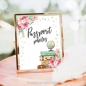 Passport Photos Sign Travel Adventure Bridal Shower Wedding Photo Booth Sign Adventure Pink Gold Confetti Instant Download PRINTABLE 0030