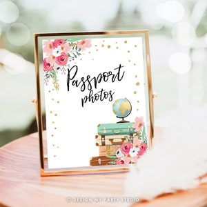 Passport Photos Sign Travel Adventure Bridal Shower Wedding Photo Booth Sign Adventure Pink Gold Confetti Instant Download Printable 0030