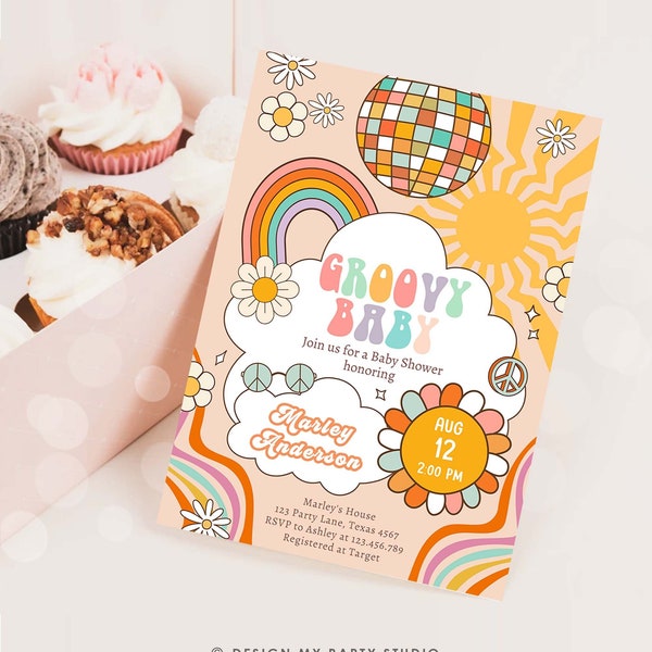 Editable Groovy Baby Retro Baby Shower Invitation Boho Flower Power Hippie 70's Party Peace Love Download Template Corjl Digital 0459