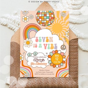 Editable Seven Is A Vibe Groovy Birthday Invitation 7th Birthday Retro Invite Rainbow Peace Love Party Download Template Corjl Digital 0459