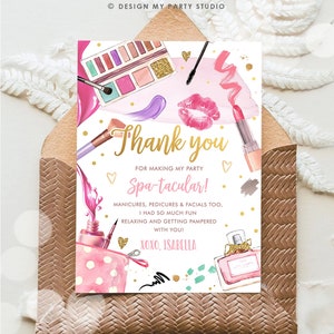 Tarjeta de agradecimiento editable para fiesta de spa, nota de agradecimiento para fiesta de glamour, plantilla digital Corjl 0420 para fiesta de maquillaje de niña de spa y cumpleaños.