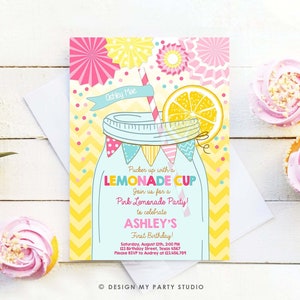 Editable Sunshine Lemonade Birthday Invitation Pink Girl Sunshine Party Lemonade Invitation 1st Birthday Printable Template Corjl 0214