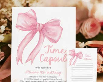 Editable Pink  Bow Time Capsule Sign Girls Just Wanna Be One Birthday Party Game 1st Coquette Bow Download Digital Template Printable 0527