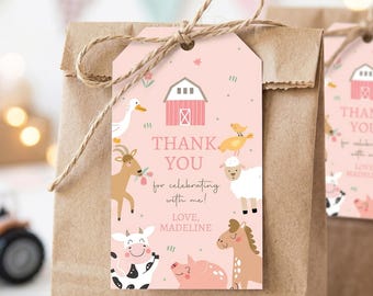 Editable Farm Animals Favor Tag Pink Farm Birthday Thank You Barnyard Gift Girl Party Animals Old McDonald Digital Template Printable 0436