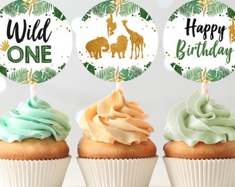 Vilda djuren Cupcake-dekorationer Presentetiketter Födelsedagsfestdekoration Pojke-klistermärken Safaridjur Festdjur Digital nedladdning Utskrivbar 0016
