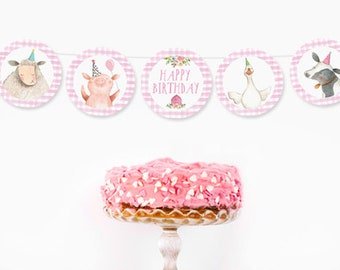 Farm Animals Birthday Banner Barnyard Birthday Garland Girl Birthday Decor Party Cow Pig Sheep Banner Digital Download Printable 0155