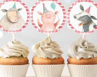 Farm Animals Cupcake Topper Red Farm Barnyard Birthday Sticker Favor Tag Party Animals Sheep Cow Pig Digital Download Printable 0155