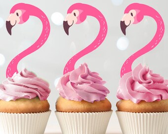 Adornos para cupcakes de flamencos, etiquetas de recuerdo, decoración para fiestas de cumpleaños, flamencos tropicales rosas de Hawái, decoración de cumpleaños, descarga digital imprimible 0200