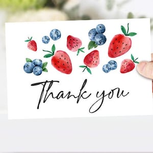 Blueberry Strawberry Thank You Card Girl Berry Birthday Party Thank You Note Girl Berry Sweet Printable Instant Download Corjl Digital 0399