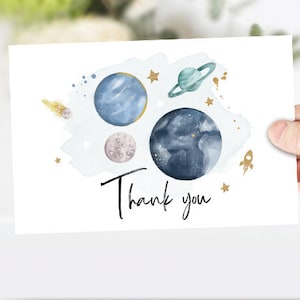 Platz Danke Karte Galaxy Danke Hinweis 4x6" Rustikal Aquarell Junge Geburtstag Blau Zwei Der Mond Erste Reise Sofort Download 0357