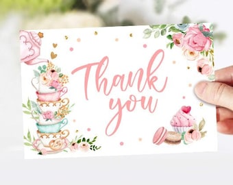 Tea Party Thank you Card Floral Tea Baby Shower Thank You Note 4x6" Girl Pink Tea Birthday Tea for Two PRINTABLE Instant Download 0349