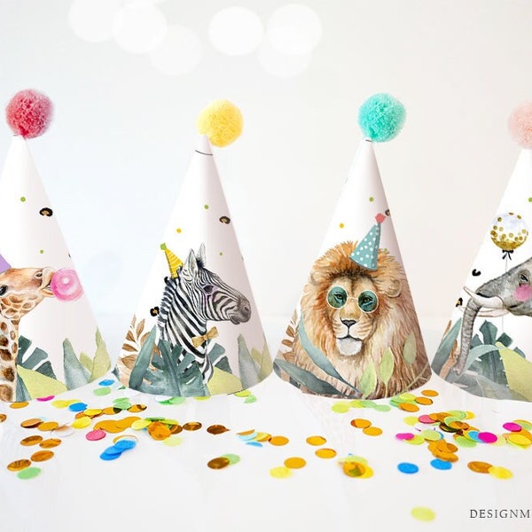 Printable Party Hats Party Animals Birthday Party Birthday Decor Safari Birthday Wild One Jungle Zoo Decoration DIY PRINTABLE Digital 0417