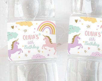 Etiquetas editables para botellas de agua de unicornio. Decoración mágica para fiestas de cumpleaños de unicornio. Plantilla de etiquetas imprimibles de arcoíris para botellas. Corjl 0426
