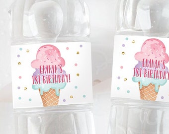 Editable Ice Cream Water Bottle Labels Ice Cream Birthday Scoop Cone Mint Pink Purple Summer Girl Printable Bottle Wrap Template Corjl 0243