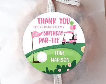 Editable Golf Favor Tags Golf Thank You Par-tee Stickers Golfing Birthday Hole in One 1st Birthday Girl Pink Download Corjl Template 0405