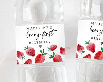 Editable Strawberry Water Bottle Labels Strawberry Birthday Decor Berry Sweet 1st Birthday First Printable Bottle Label Template Corjl 0399