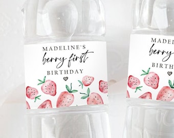 Editable Strawberry Water Bottle Labels Strawberry Birthday Decor Berry Sweet 1st Birthday First Printable Bottle Label Template Corjl 0399